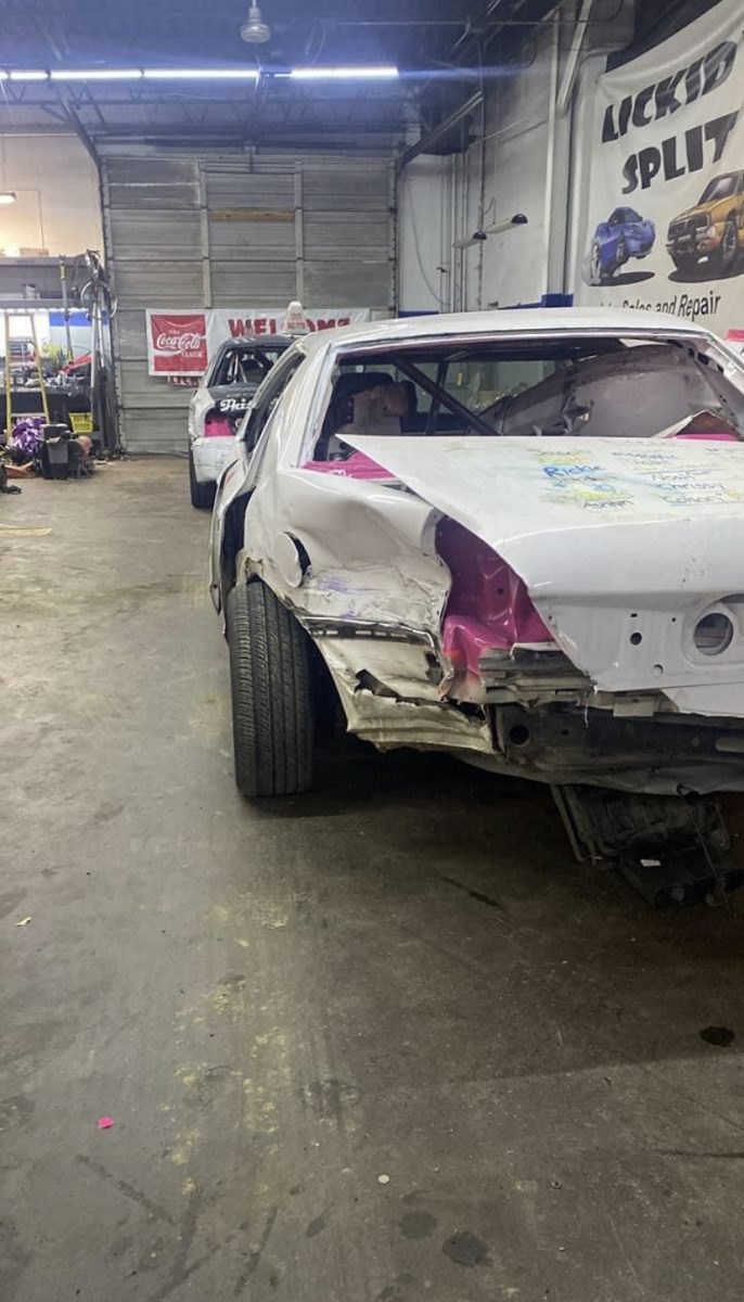 Grays car after he was hit in the cross over at Anderson Speedway.
