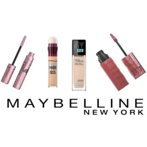 The Maybelline New York logo and on the top of it is some makeup items that the brand offers such as masserca, concealer, foundation and lipstick.
