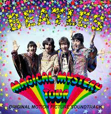 All The Beatles standing in the center of the picture putting their hands up with a colorful background and stars everywhere.