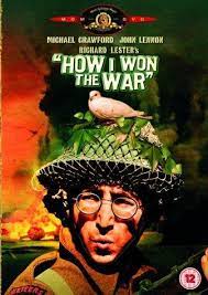 An illustration of John Lennon posing with a bird on his hat with a war going on in the background.