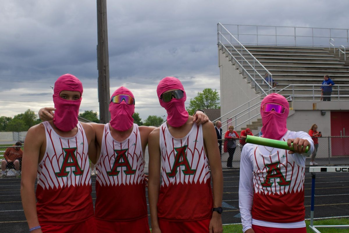 Kaleb Dean, Cooper King, Franky Tajeda, and Jayvin Campbell posed up in their pink ski masks for a photo after their 4x1 relay.