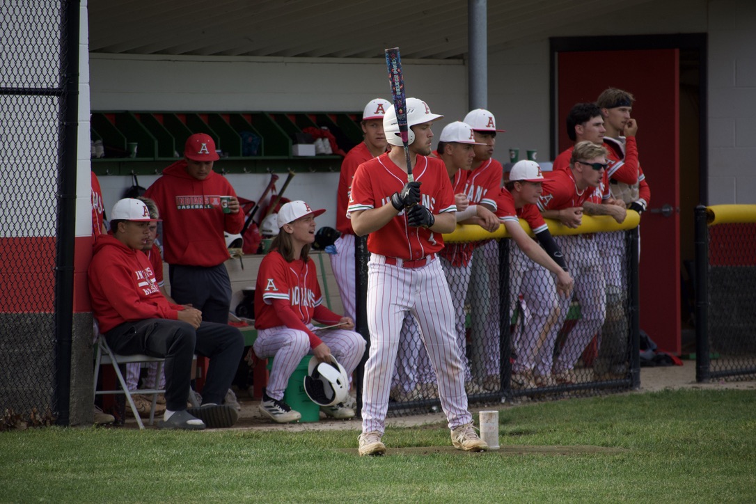 Zane Verhulst waits on deck in a baseball game against the Marion Giants on April 28.